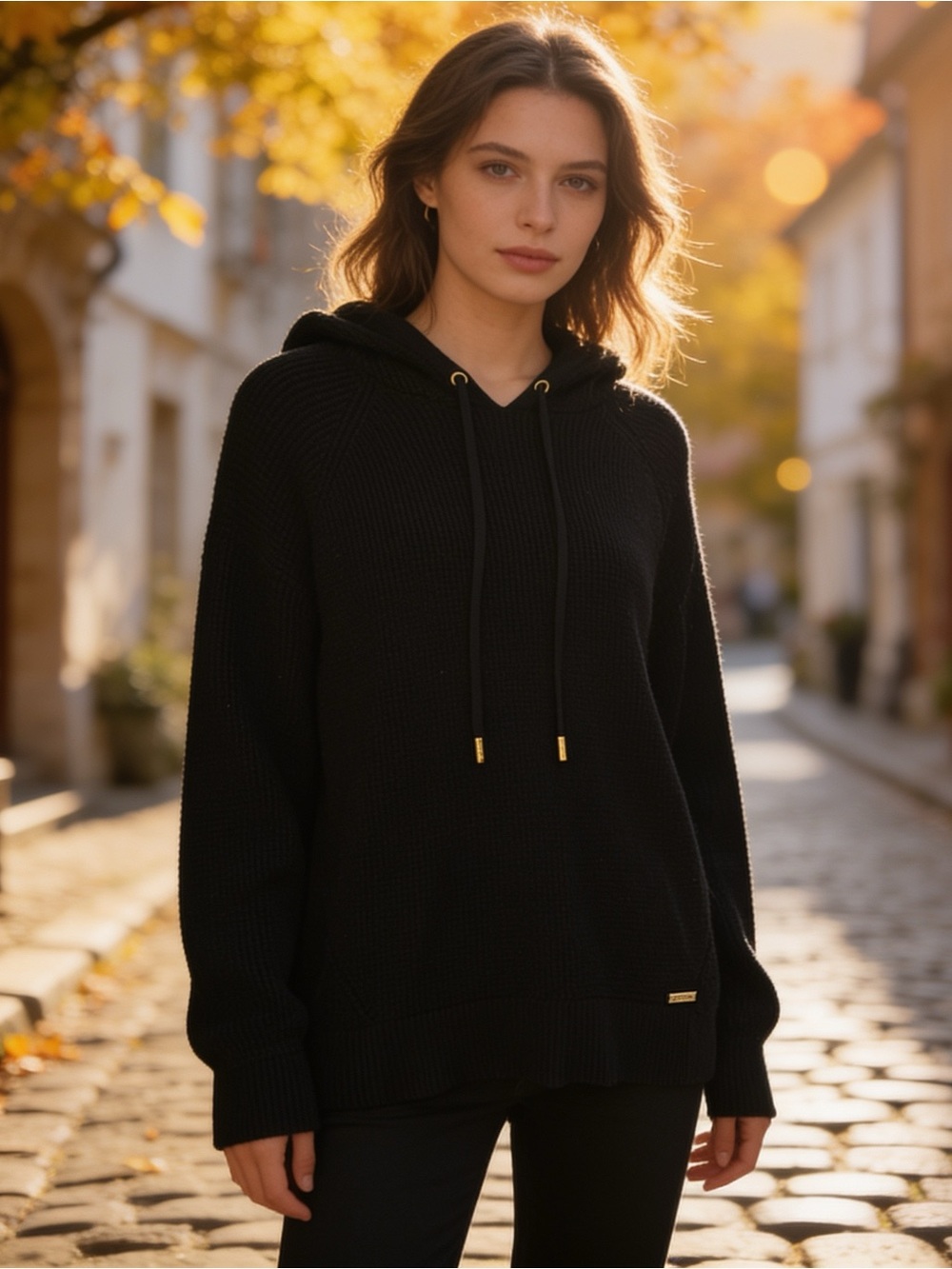 Michael Kors Black Waffle Knit Hooded Sweater Gold Logo Size M